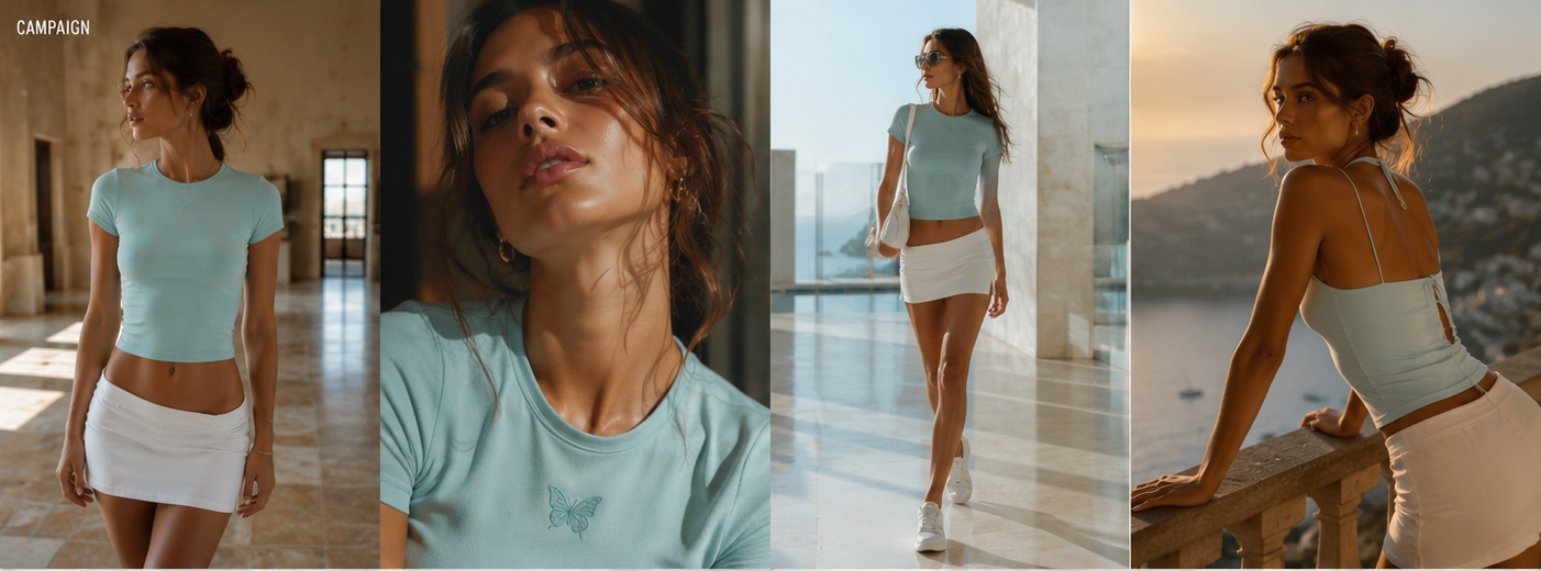 Campaña Alyona con looks en azul suave y blanco
